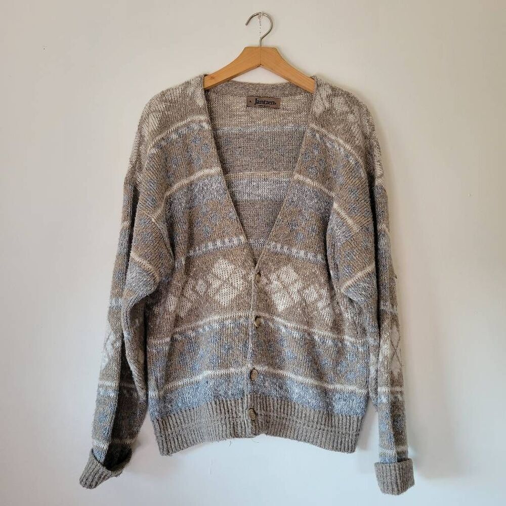 Vintage Jantzen Made in USA Cardigan Sweater XL Fair Isle Neutral Grandpa Knit B